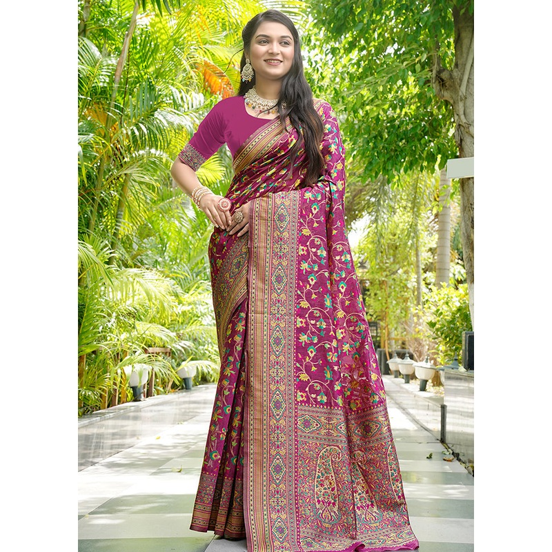 Wine Pasmina Silk Saree With Blouse Piece - JD986605692
