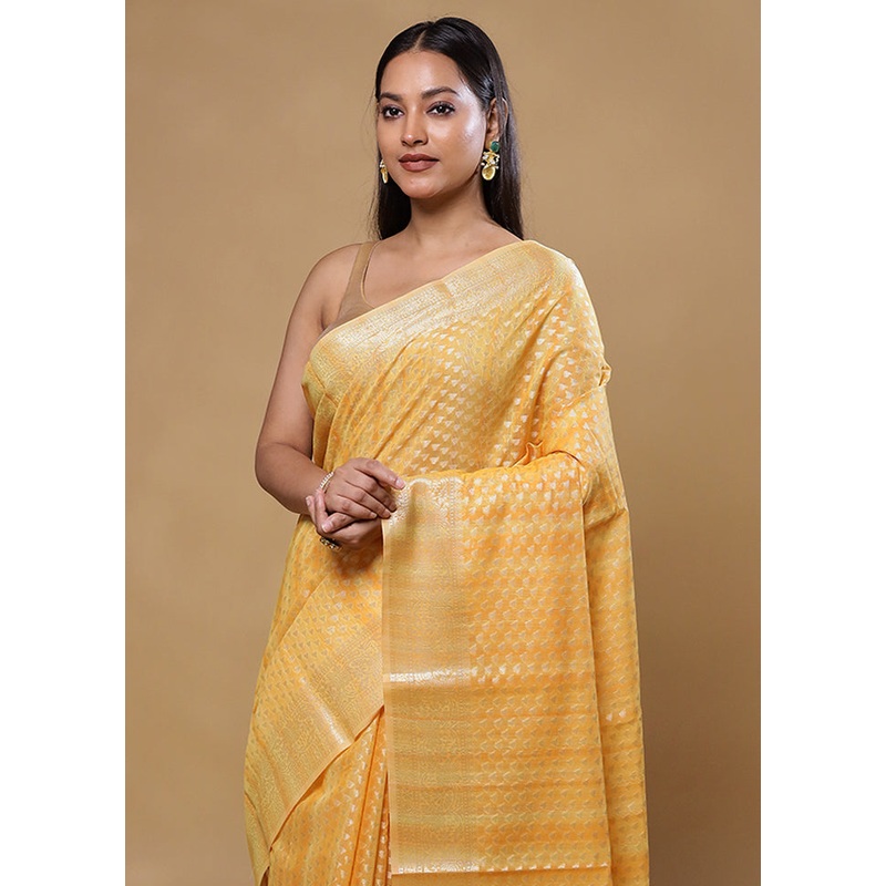 Yellow Cotton Saree With Blouse Piece - JD986605774
