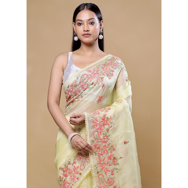 Yellow Handloom Pure Organza Saree With Blouse Piece - JD986605732