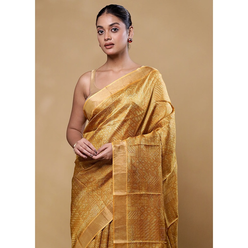 Yellow Handloom Tussar Pure Silk Saree With Blouse Piece - JD986605793