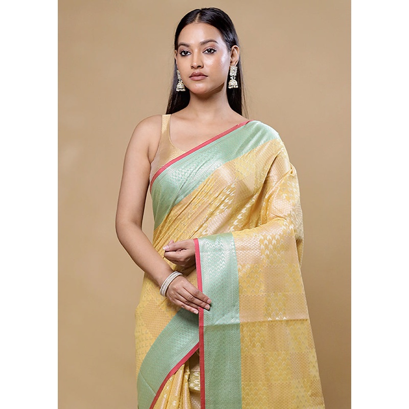 Yellow Kora Silk Saree With Blouse Piece - JD986605730