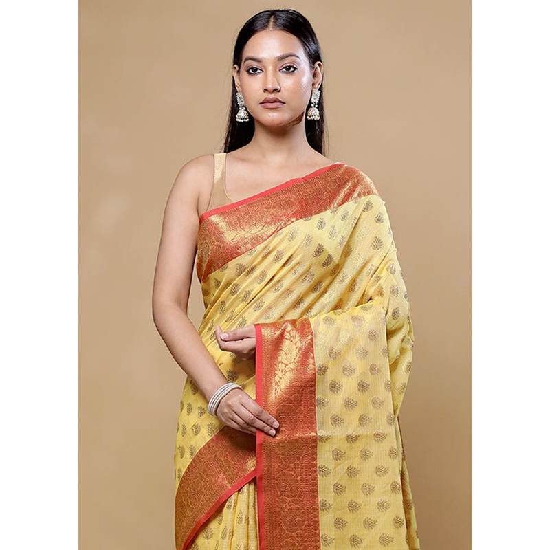 Yellow Kota Cotton Saree With Blouse Piece - JD986605729