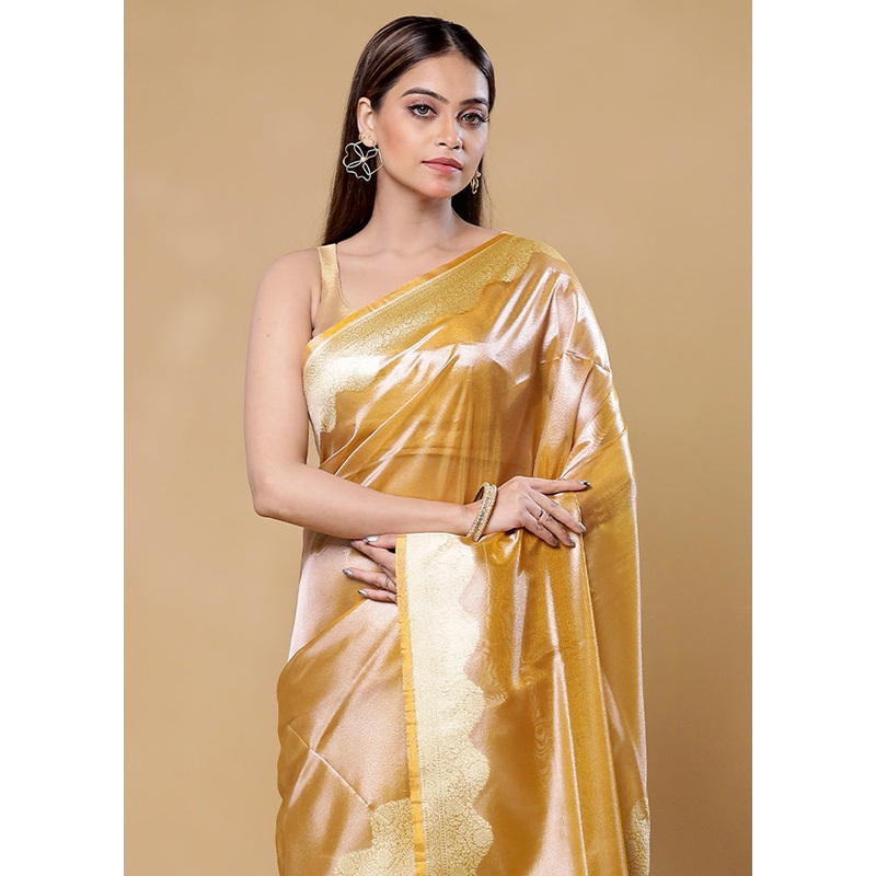 Yellow Tissue Silk Saree With Blouse Piece - JD986605851