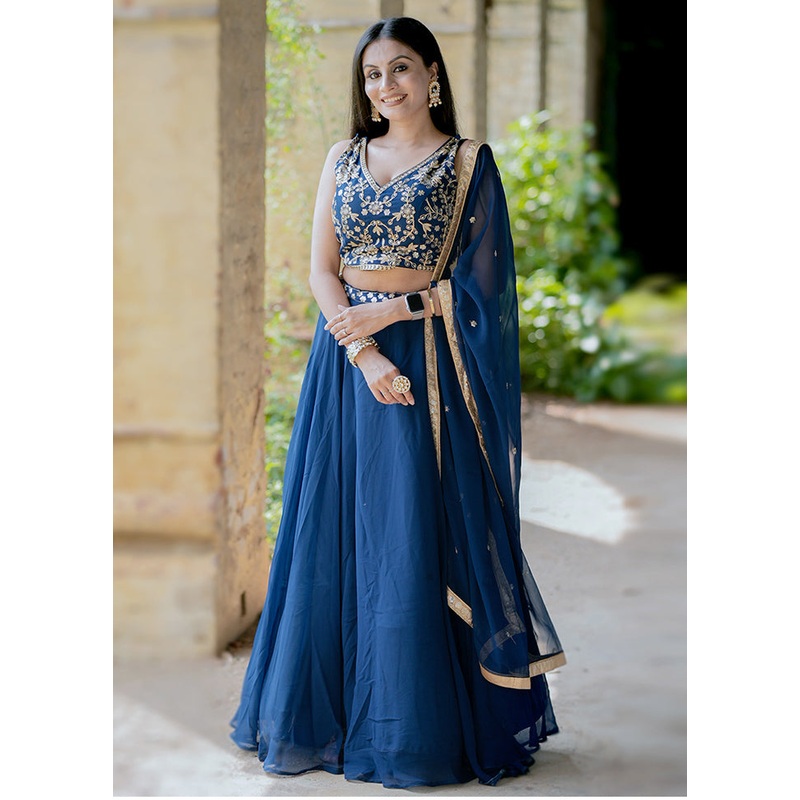3 Pc Blue Georgette Semi Stitched Lehenga Set - JD986605688