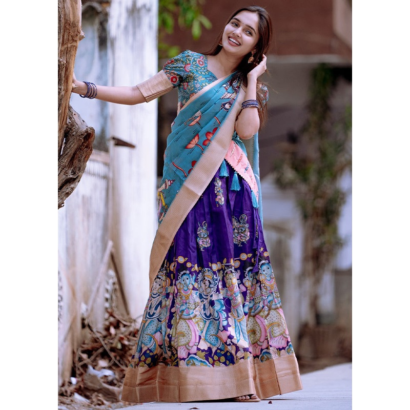 3 Pc Blue Silk Semi Stitched Lehenga Set - JD986605657