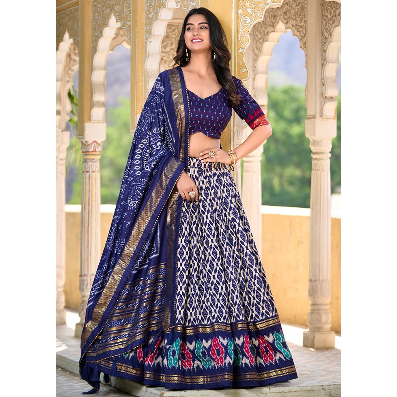 3 Pc Blue Silk Semi Stitched Lehenga Set - JD986605660