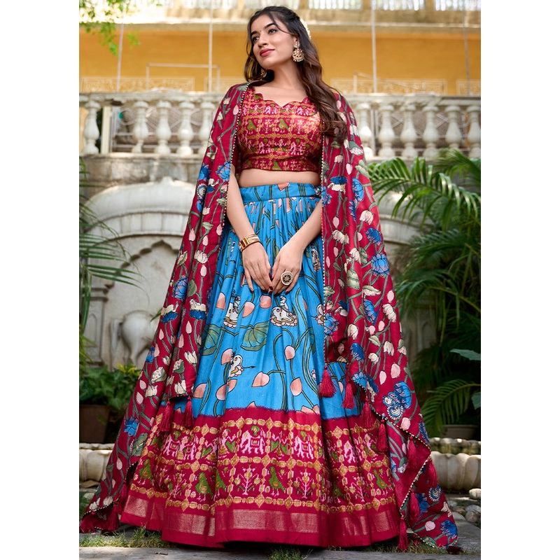 3 Pc  Blue Silk Semi Stitched Lehenga Set - JD986605670