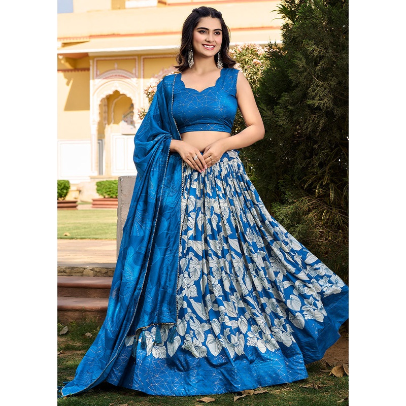 3 Pc Blue Silk Semi Stitched Lehenga Set - JD986605686