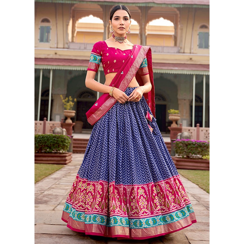 3 Pc Blue Silk Semi Stitched Lehenga Set - JD986605687