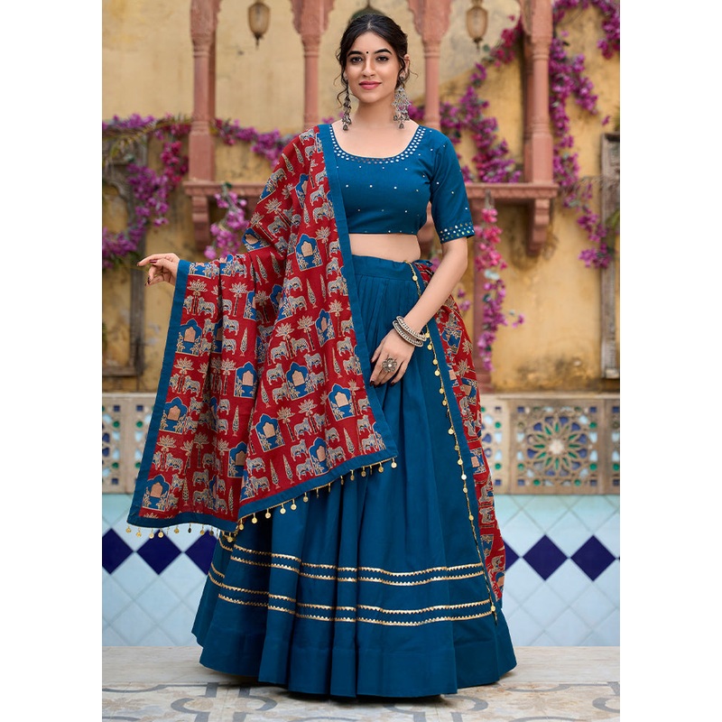 3 Pc Firoza Pure Cotton Semi Stitched Lehenga Set - JD986605685