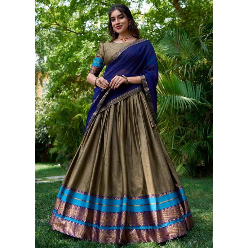 3 Pc Green Cotton Semi Stitched Lehenga Set - JD986605676