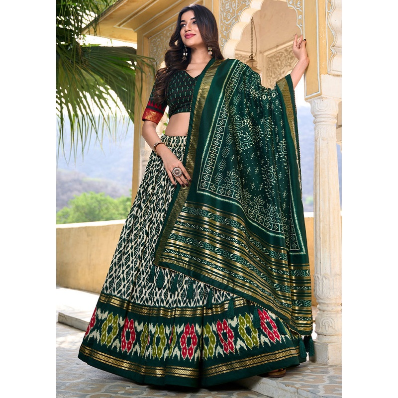 3 Pc Green Silk Semi Stitched Lehenga Set - JD986605662