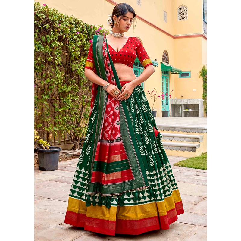 3 Pc Green Silk Semi Stitched Lehenga Set - JD986605683