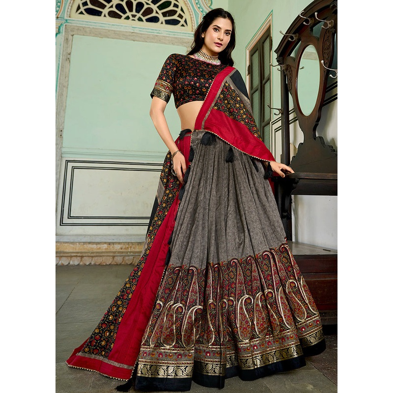 3 Pc Grey Silk Semi Stitched Lehenga Set - JD986605680