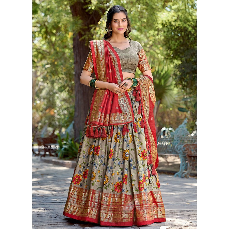 3 Pc Grey Silk Semi Stitched Lehenga Set - JD986605681