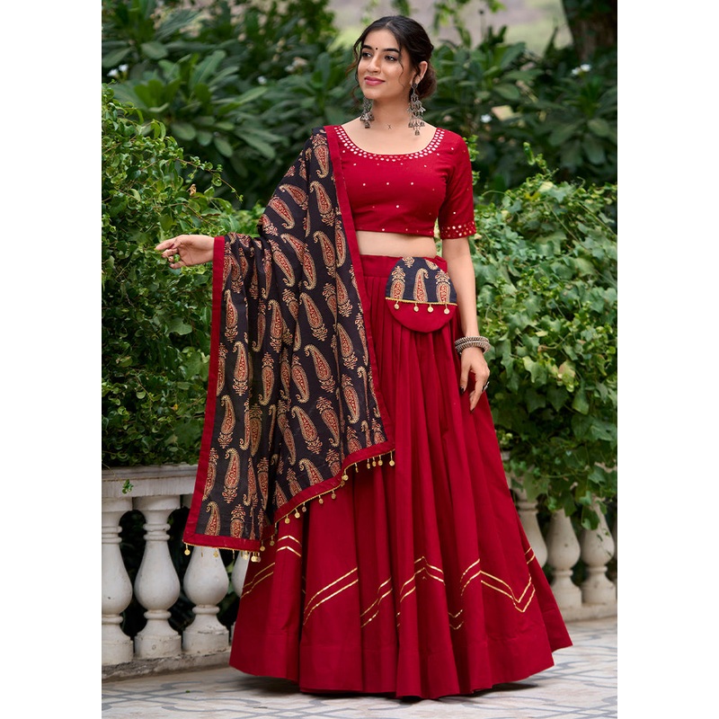 3 Pc Maroon Pure Cotton Semi Stitched Lehenga Set - JD986605679