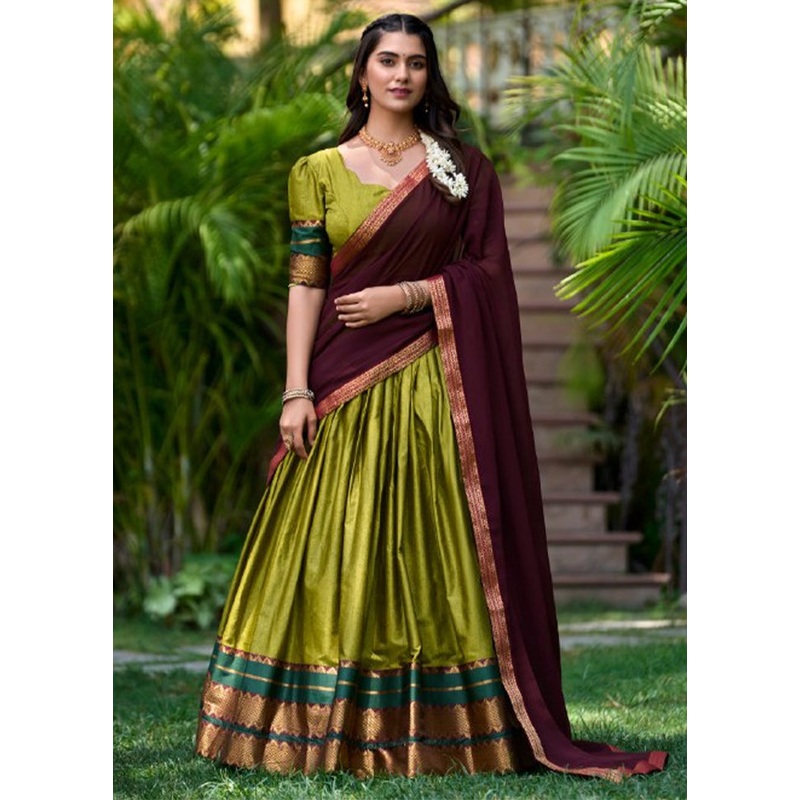 3 Pc Mehendi Green Cotton Semi Stitched Lehenga Set - JD986605677