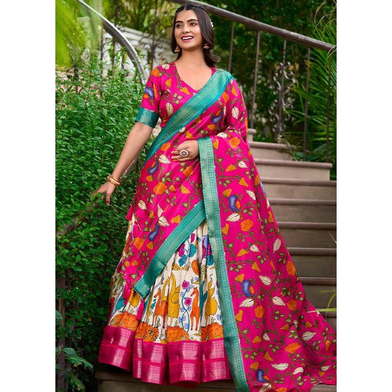 3 Pc Multicolor Silk Semi Stitched Lehenga Set - JD986605671
