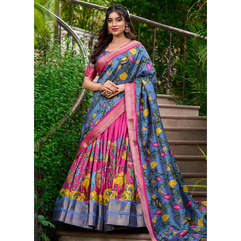 3 Pc Multicolor Silk Semi Stitched Lehenga Set - JD986605672