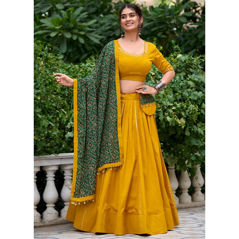 3 Pc Mustard Pure Cotton Semi Stitched Lehenga Set - JD986605655