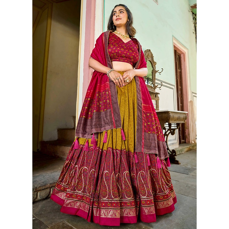 3 Pc Mustard Silk Semi Stitched Lehenga Set - JD986605651