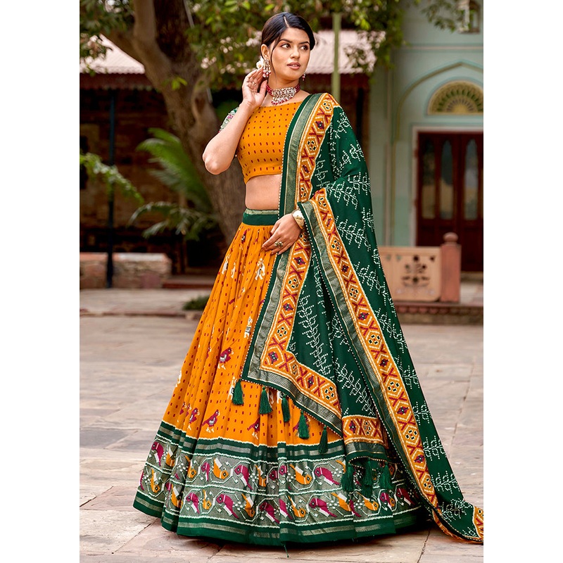 3 Pc Mustard Silk Semi Stitched Lehenga Set - JD986605652