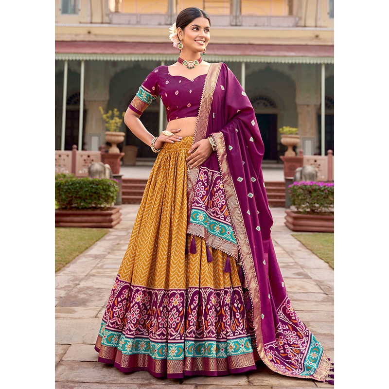 3 Pc Mustard Silk Semi Stitched Lehenga Set - JD986605654