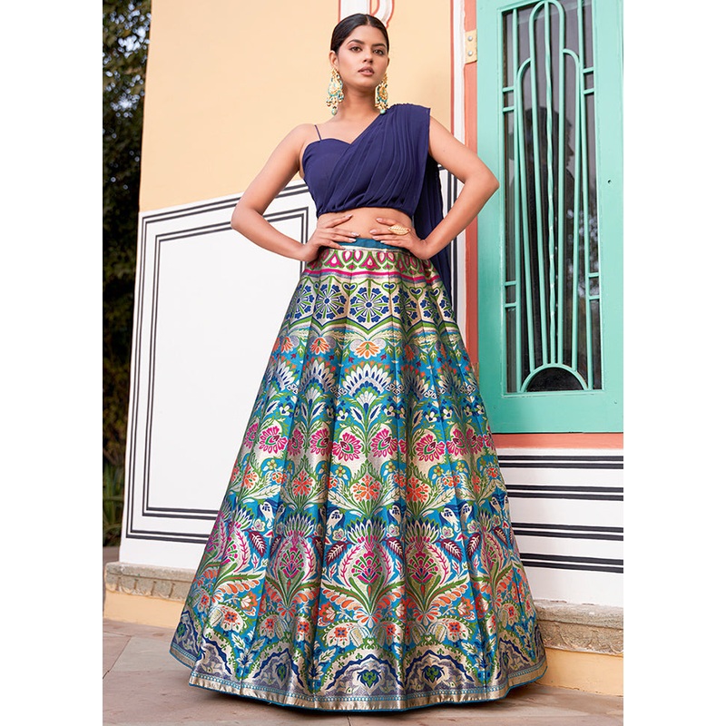 3 Pc Navy Blue Silk Semi Stitched Lehenga Set - JD986605650