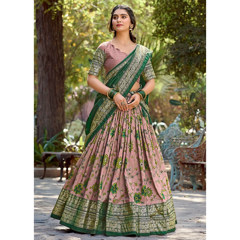 3 Pc Onion Pink Silk Semi Stitched Lehenga Set - JD986605649