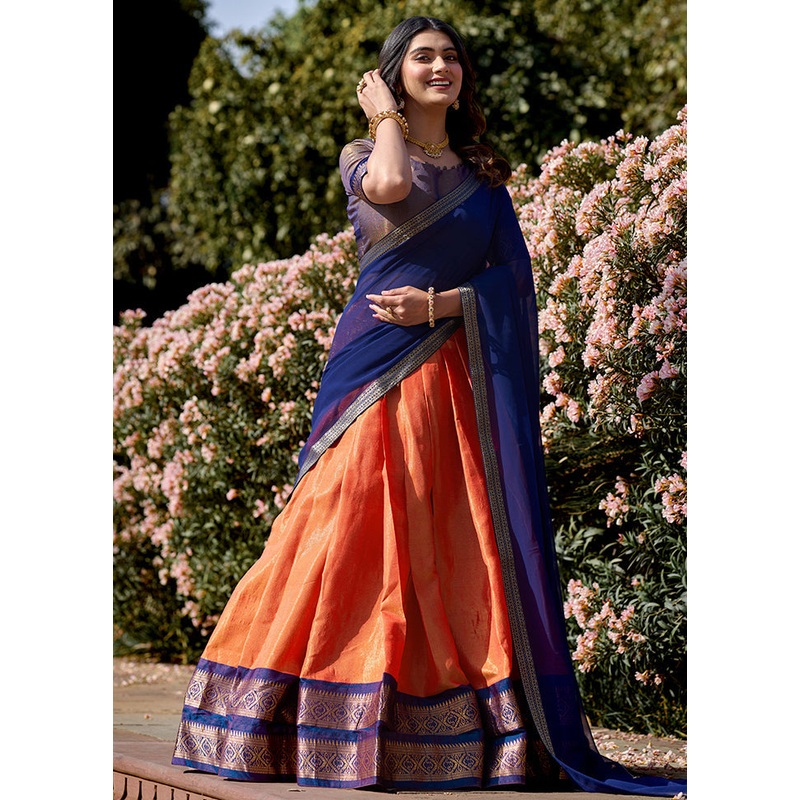 3 Pc Orange Silk Semi Stitched Lehenga Set - JD986605647