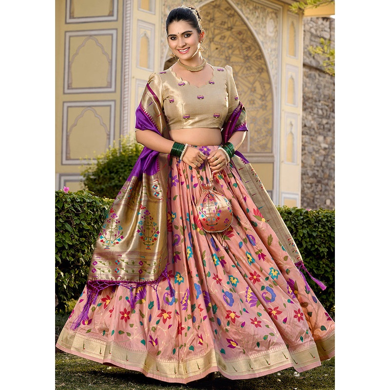 3 Pc Peach Silk Semi Stitched Lehenga Set - JD986605646