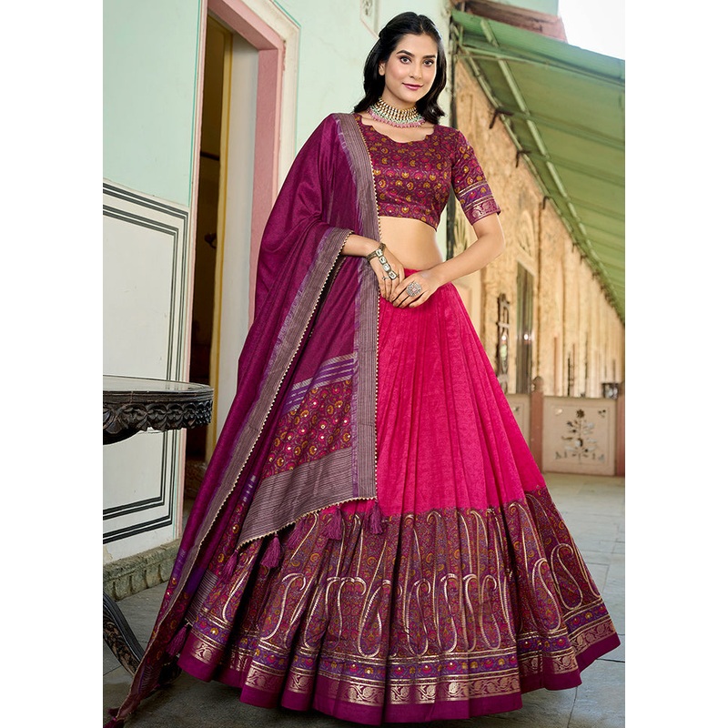 3 Pc Pink Silk Semi Stitched Lehenga Set - JD986605645