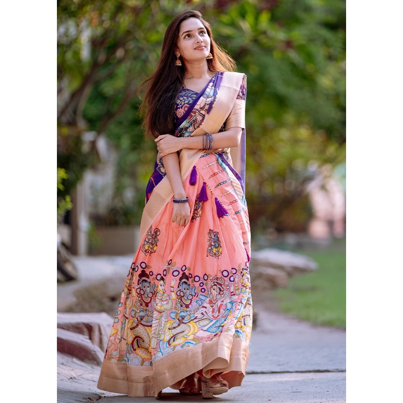 3 Pc Pink Silk Semi Stitched Lehenga Set - JD986605658