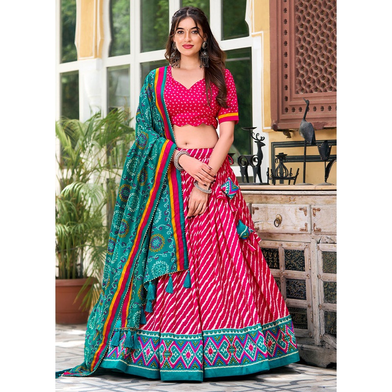 3 Pc Pink Silk Semi Stitched Lehenga Set - JD986605666
