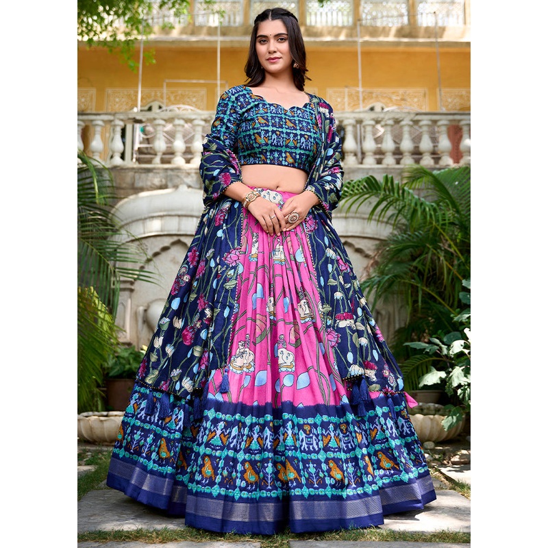 3 Pc Pink Silk Semi Stitched Lehenga Set - JD986605668