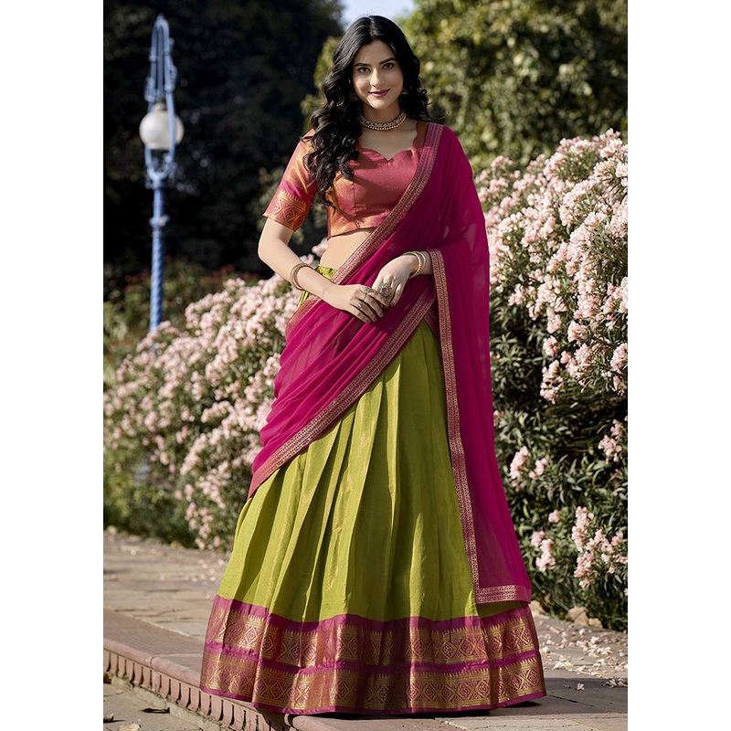 3 Pc Pista Green Silk Semi Stitched Lehenga Set - JD986605644