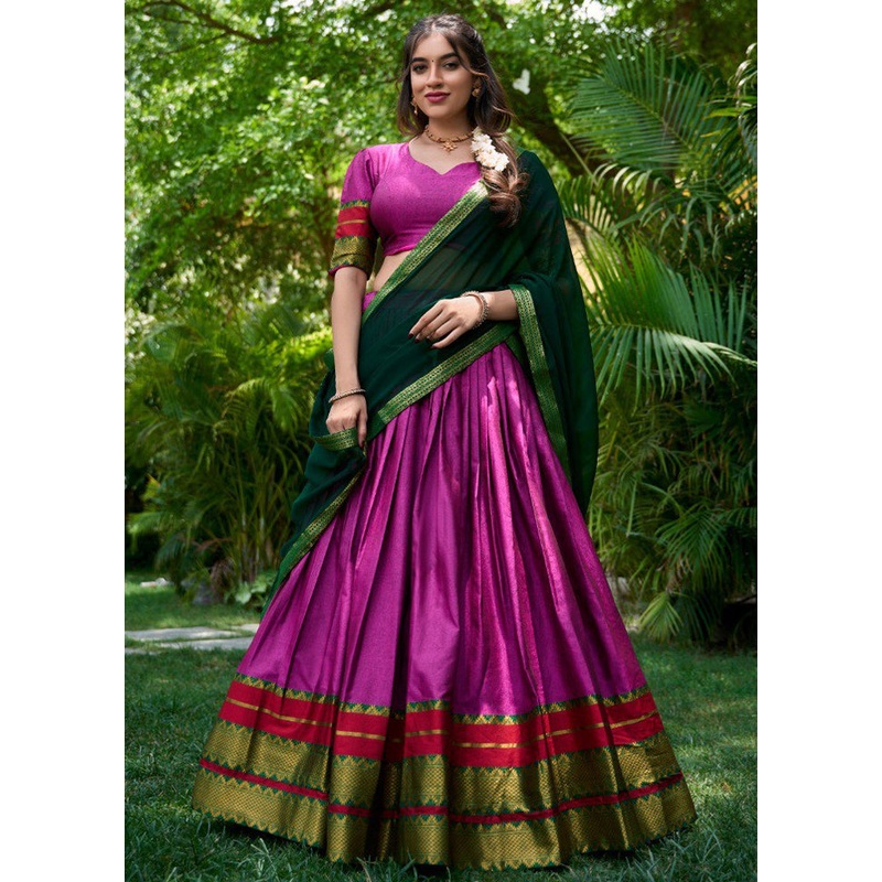3 Pc Purple Cotton Semi Stitched Lehenga Set - JD986605643