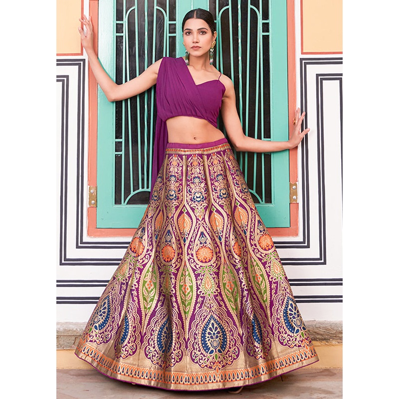 3 Pc Purple Silk Semi Stitched Lehenga Set - JD986605639