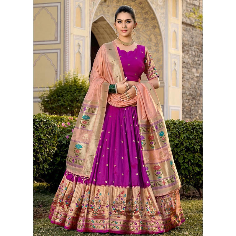 3 Pc Purple Silk Semi Stitched Lehenga Set - JD986605640