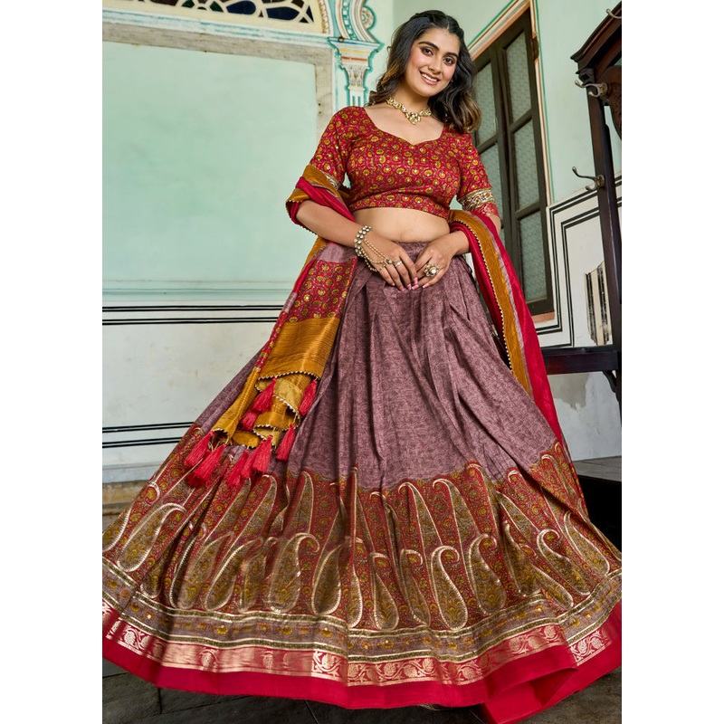 3 Pc Purple Silk Semi Stitched Lehenga Set - JD986605641