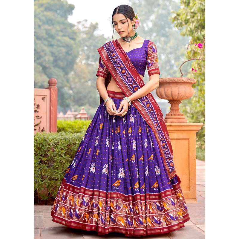 3 Pc Purple Silk Semi Stitched Lehenga Set - JD986605642
