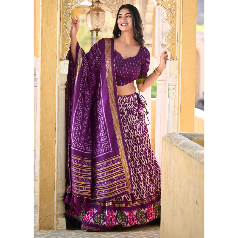 3 Pc Purple Silk Semi Stitched Lehenga Set - JD986605659