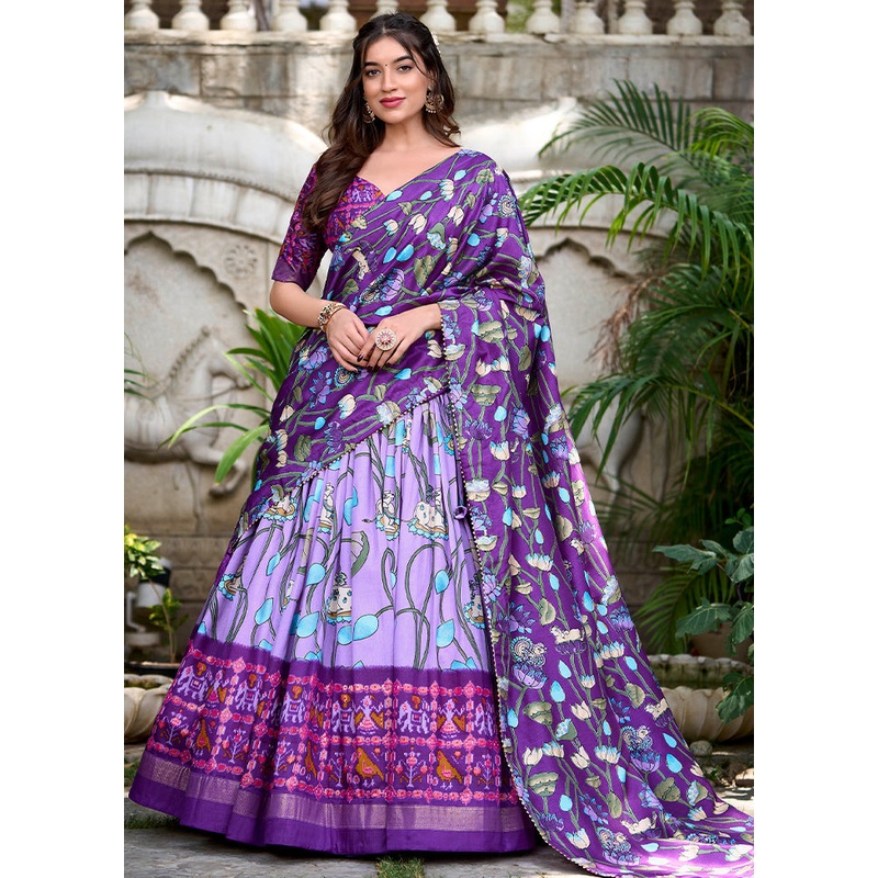 3 Pc Purple Silk Semi Stitched Lehenga Set - JD986605669