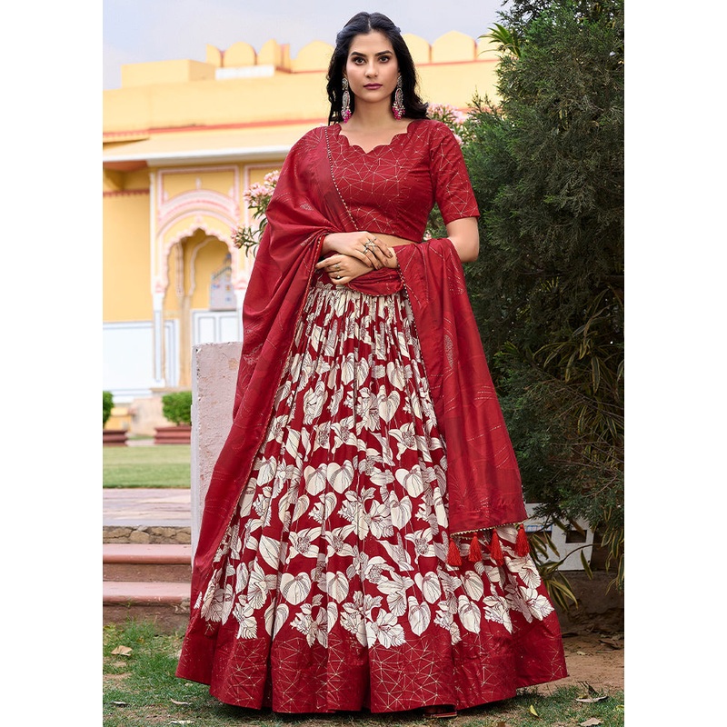 3 Pc Red Silk Semi Stitched Lehenga Set - JD986605637