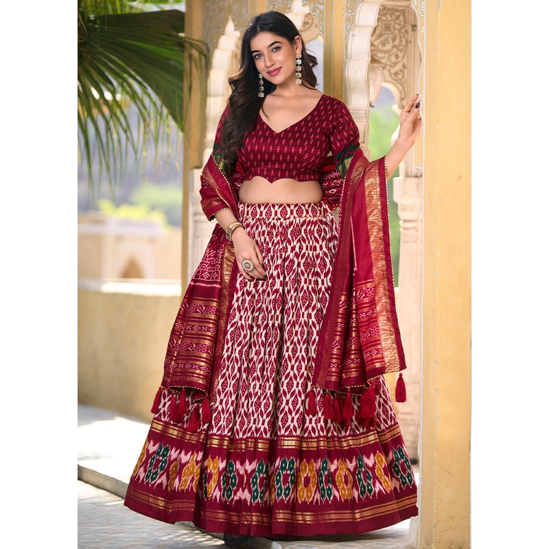 3 Pc Red Silk Semi Stitched Lehenga Set - JD986605661
