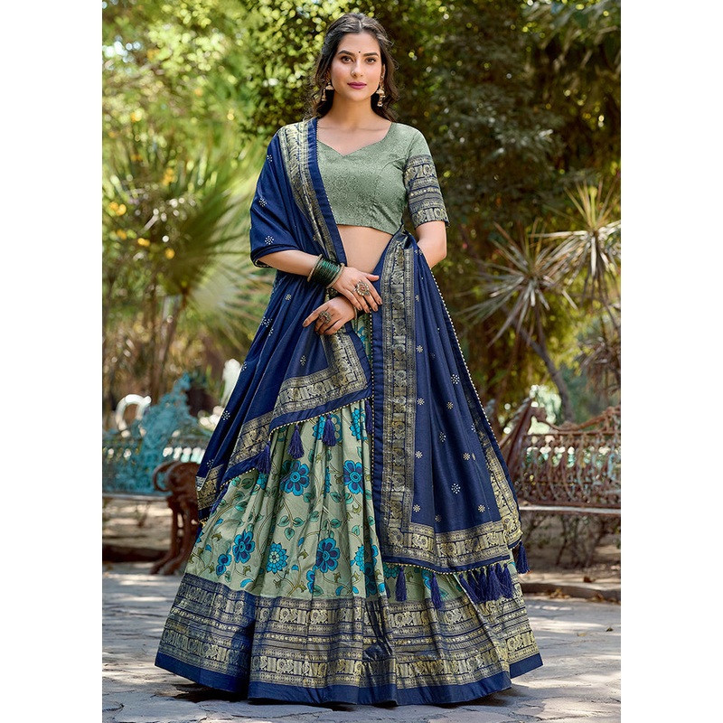 3 Pc Sea Green Silk Semi Stitched Lehenga Set - JD986605636