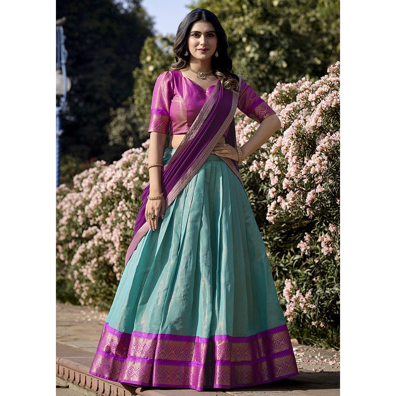 3 Pc Sky Blue Silk Semi Stitched Lehenga Set - JD986605634