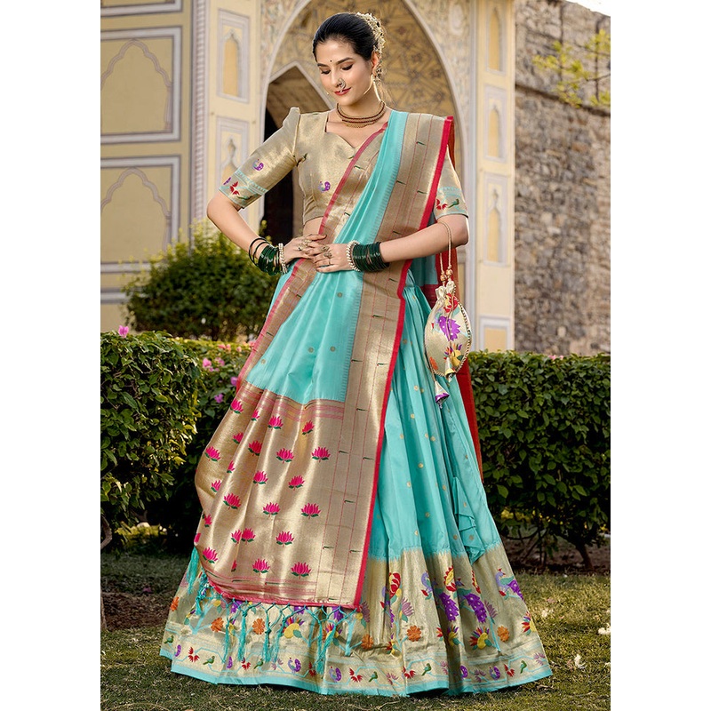 3 Pc Sky Blue Silk Semi Stitched Lehenga Set - JD986605635