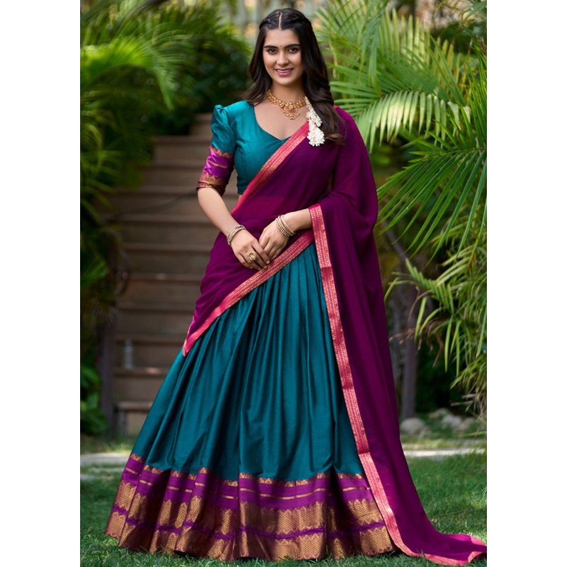 3 Pc Teal Cotton Semi Stitched Lehenga Set - JD986605633
