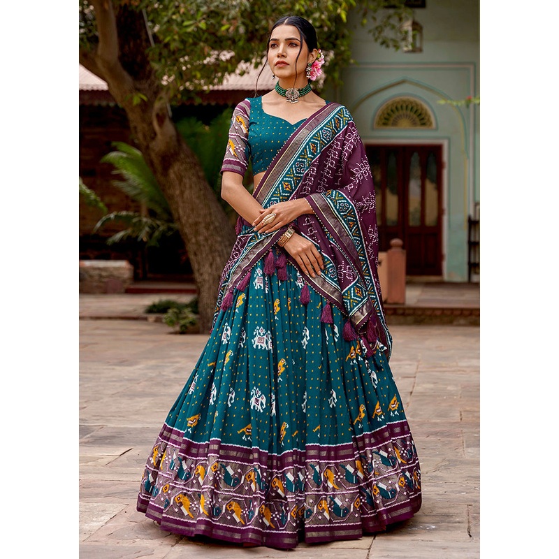 3 Pc Teal Silk Semi Stitched Lehenga Set - JD986605632